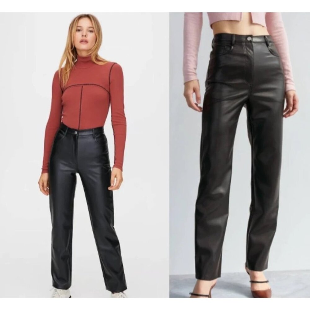 Aritzia WILFRED Faux Leather High Rise Melina Straight Black Pants 4 Washable